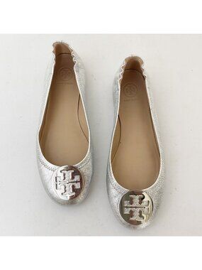 Tory Burch Minnie Logo Travel Flats Shoes Silver Metallic